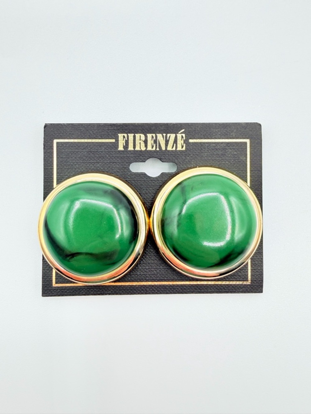 Vintage Firenze Green Cabochon Clip-On Earrings Gold Tone